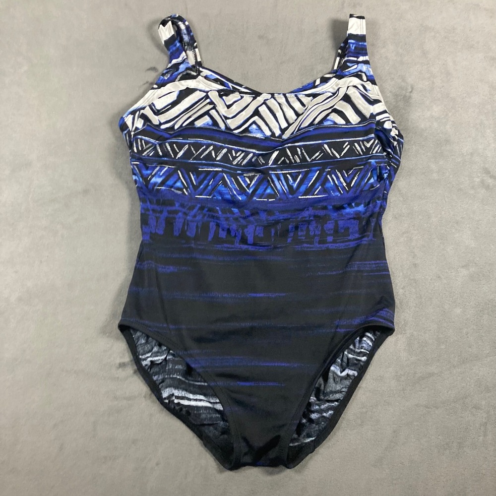St Johns Bay Womens Blue Tribal Geometric One Piece Swimsuit Size 12